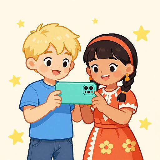 Digital illustration of a blonde boy in a blue shirt and blue pants, and a brown-haired girl in an orange dress with white flowers, holding a teal