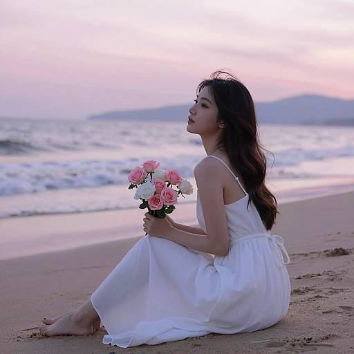 Woman in White Dress at Sunset