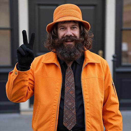 Bearded man with curly hair, orange hat, and bright orange jacket, flashing a peace sign, standing in front of a black door. Photograph.