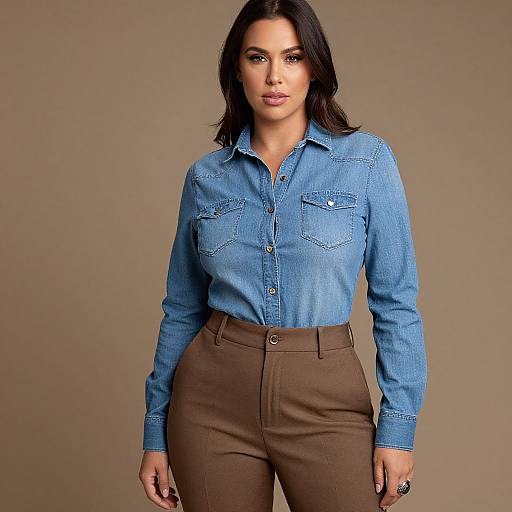 Photograph of a confident woman with dark hair, wearing a blue denim button-up shirt and brown high-waisted pants, standing against a plain beige