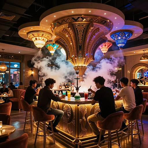 Photograph of a luxurious bar with ornate chandeliers, smoke wafting from a hookah, and six men in casual attire sitting at