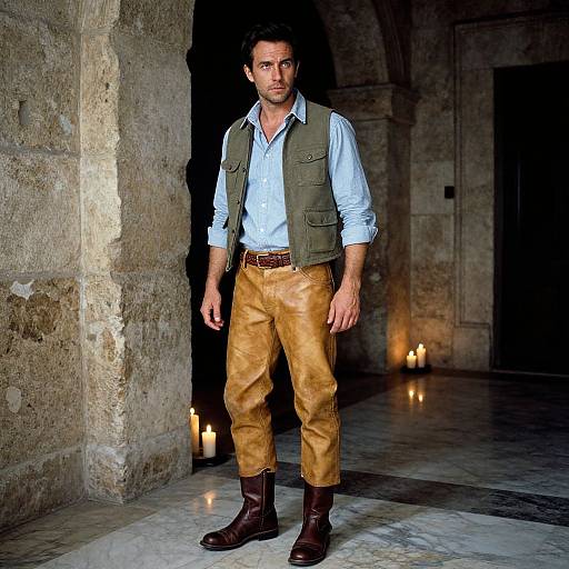 Photograph of a rugged, handsome man with short brown hair, wearing a light blue shirt, olive vest, tan leather pants, and brown boots,
