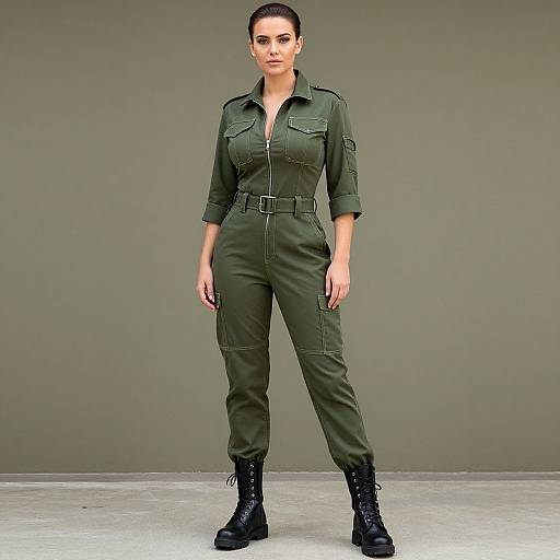 Photograph of a confident woman with dark hair in an olive green military-style jumpsuit, black boots, and belted waist, standing against a plain