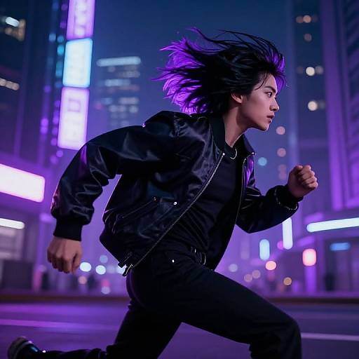 Photorealistic digital artwork of a determined Asian woman with black hair and purple highlights, sprinting at night in a neon-lit city. She wears