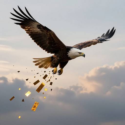 Photograph of a majestic bald eagle soaring with outstretched wings, golden feathers and talons, against a cloudy sky, with gold coins and debris