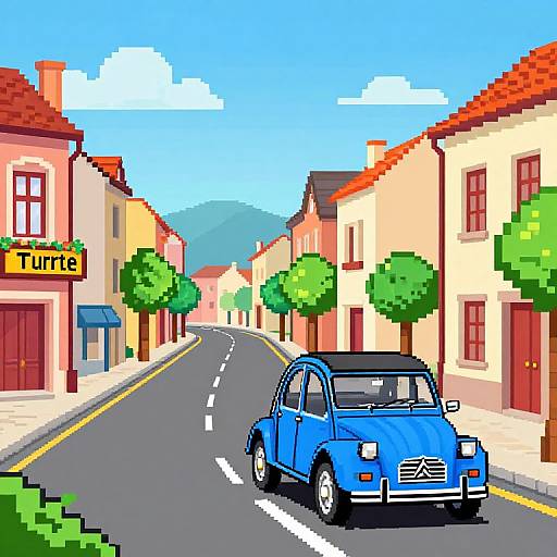 Pixel art of a blue vintage car driving down a sunny, narrow street in a colorful, European-style town with red roofs and 