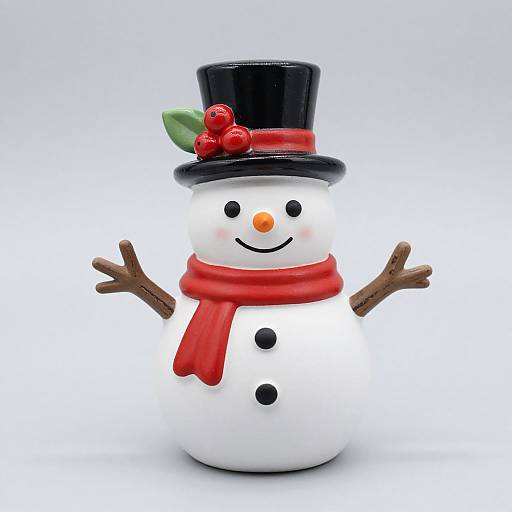 Photograph of a cheerful snowman figurine with black top hat, red scarf, orange carrot nose, black buttons, brown sticks, and red h