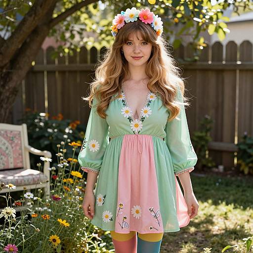Photograph of a young woman with long brown hair, wearing a green and pink floral dress, flower crown, and striped stockings, standing in a sun