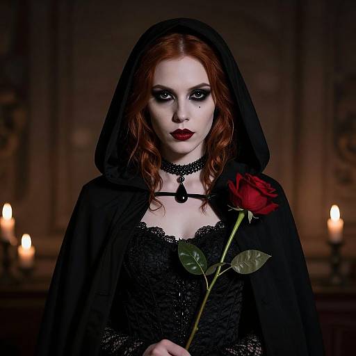 Gothic photograph of pale-skinned woman with red hair, black veil, lace dress, dark lipstick, holding red rose, dimly lit with