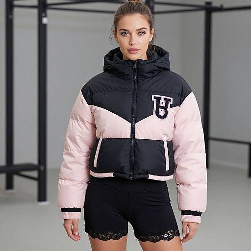 Photograph of a young woman with light skin, brown hair in a ponytail, wearing a black and pink puffer jacket, black shorts with lace