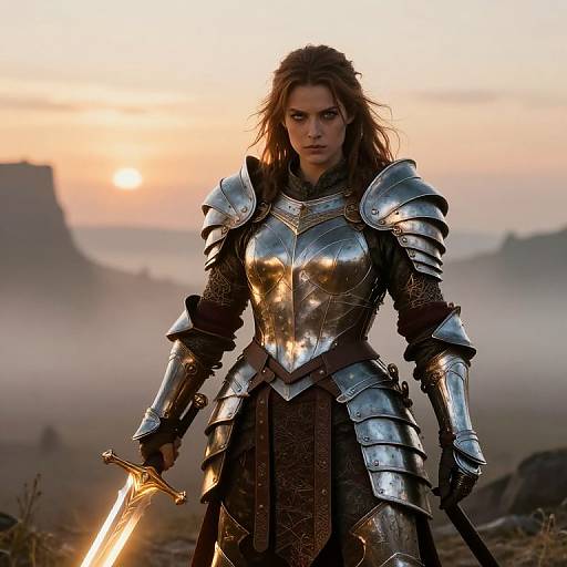Photorealistic CGI of a determined, armored woman with long brown hair holding a glowing sword at sunset in a misty, desert landscape.