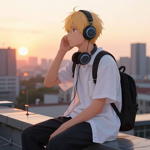 Anime-style photograph of a blond boy with headphones, white shirt, black pants, and backpack, sitting on rooftop at sunset.