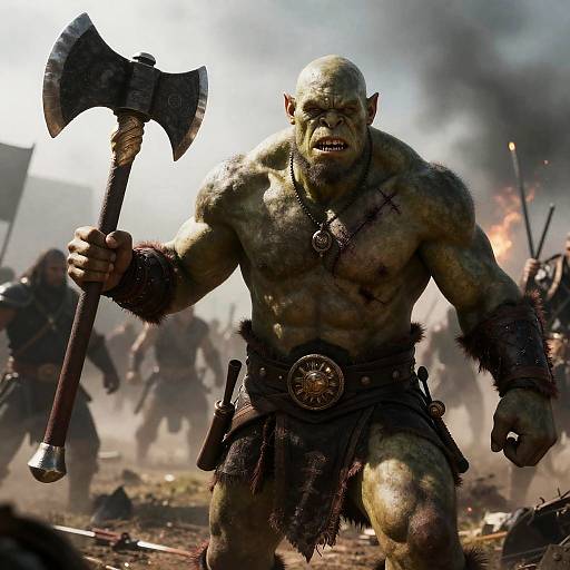 Digital artwork of a muscular, green-skinned orc warrior with a bald head, holding a large axe, in a chaotic battlefield with smoke and flames.