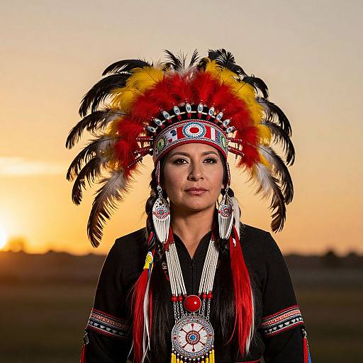 Photograph of a Native American woman with red, yellow, black feathered headdress, black traditional attire, and silver jewelry, set against a sunset