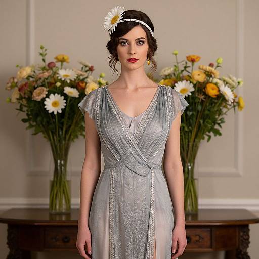 Photograph of a pale-skinned woman with dark hair, wearing a silver, V-neck, short-sleeved dress, white flower headband,
