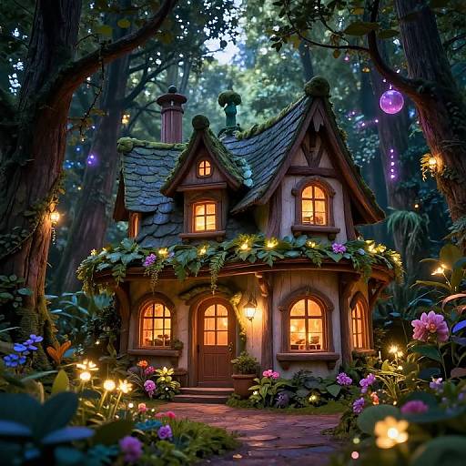 Enchanted fairy-tale cottage in a moonlit forest, illuminated by glowing lights, surrounded by vibrant flowers and lush greenery. Digital art in