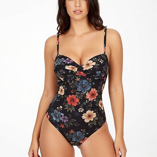 Photograph of a woman with medium skin tone and dark brown hair, wearing a black floral-patterned one-piece swimsuit with spaghetti straps, standing against