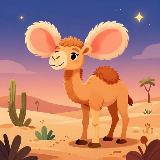 Cartoon-style desert sunset with a smiling, fluffy camel-like creature with large ears, orange fur, and brown patches, standing among cacti and