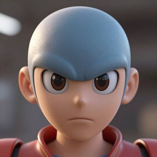 CGI close-up of a blue-haired, large-eyed, serious-looking animated character with fair skin, wearing a red collar, set against a blurred background