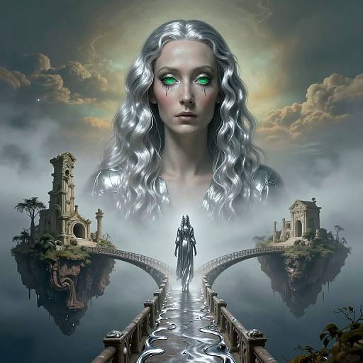 Digital artwork of a silver-haired, green-eyed woman with ethereal glow, standing between two ruined islands connected by a misty, arched bridge.