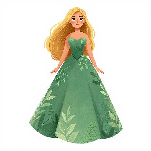 Cartoon-style drawing of a blonde woman with long hair, wearing a strapless, green, leaf-patterned ball gown, standing against a white background