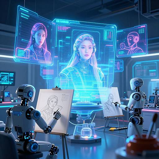 Neon-lit sci-fi lab: Three humanoid robots sketching portraits of holographic women on glowing screens, with blue and purple neon lights.