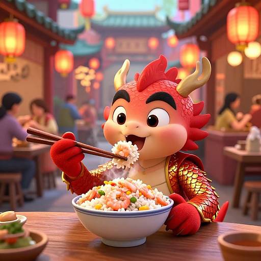 CGI image of a cute, red-scaled, dragon-like character with horns, eating noodles with chopsticks in a vibrant, lantern-lit Asian