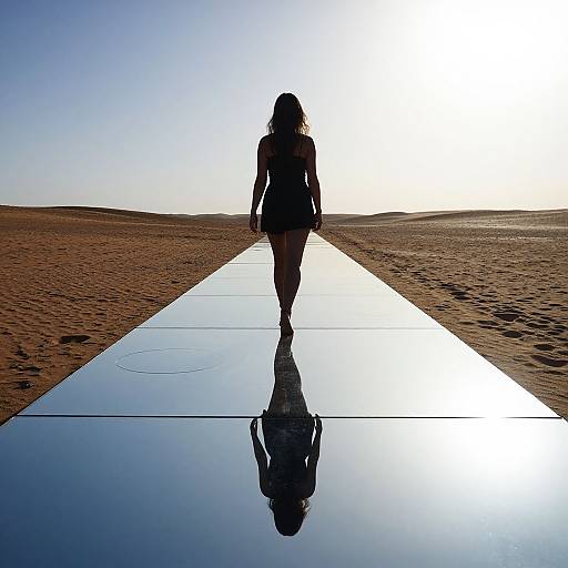 Silhouetted woman walks down a reflective metal path in a desert, with bright sunlight behind her, casting a mirror-like reflection.