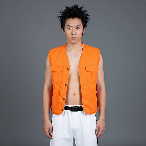 Spiky Black Hair Man in Orange Vest