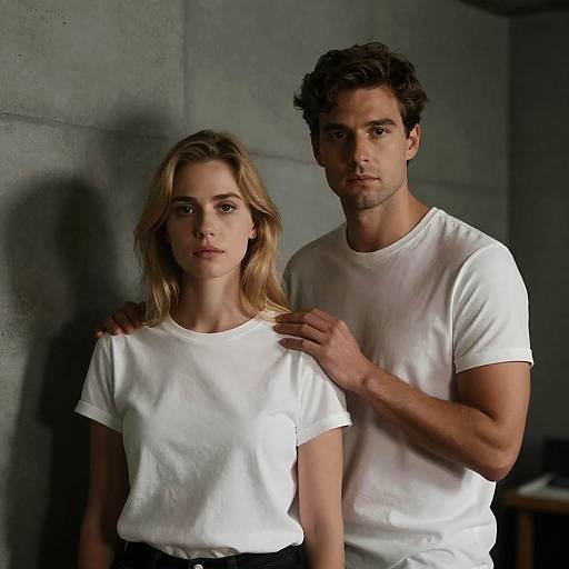 Couple in White T-Shirts in Dim Room
