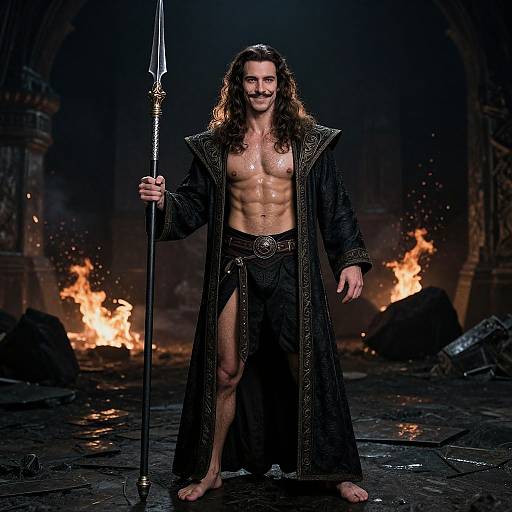 Photograph of a muscular man with long brown hair, smiling, holding a trident, wearing an open black robe and loincloth, standing in