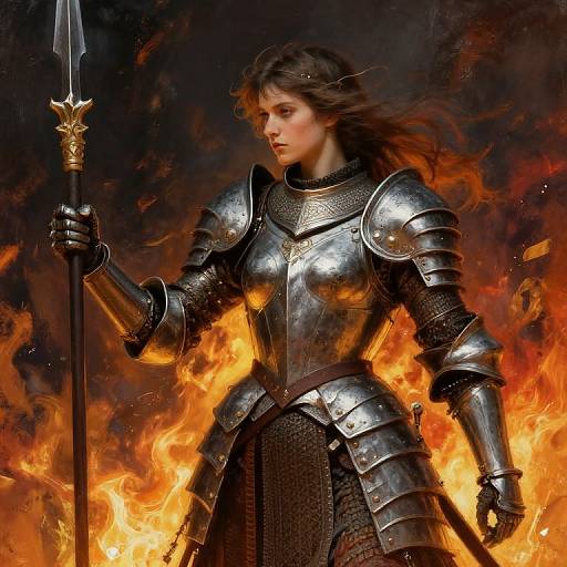 Digital artwork of a fierce, fair-skinned, brunette woman in silver armor holding a spear, standing amid blazing orange and yellow flames.