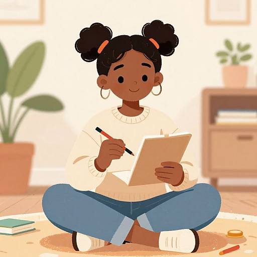 Digital illustration of a smiling Black woman with double buns, hoop earrings, white sweater, and blue jeans, cross-legged, writing on paper with a