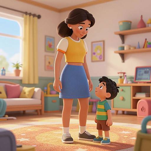 CGI image of a smiling woman with dark hair in a yellow top and blue skirt, standing beside a young boy in a green striped shirt, in