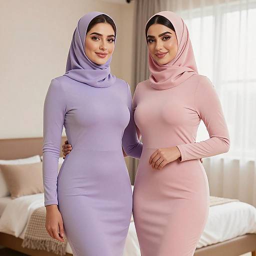 Two Women Wearing Hijabs and Long Dresses Indoors