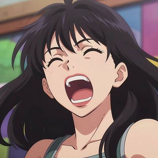 Anime-style digital illustration of a black-haired girl laughing joyfully, eyes closed, mouth open wide, wearing a gray tank top, with colorful blurred background