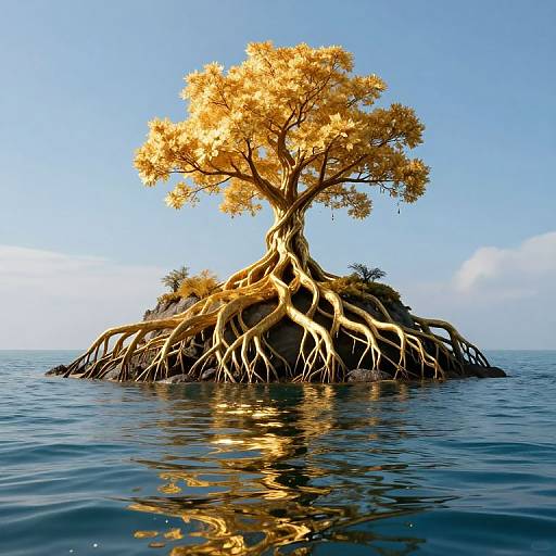 Photorealistic CGI of a golden-leaved tree with exposed, twisting roots emerging from calm ocean water under a clear blue sky.