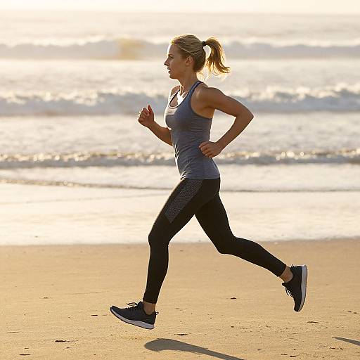 Photograph of a blonde woman jogging on a sunlit beach, wearing a gray tank top, black patterned leggings, and black running shoes. Ocean