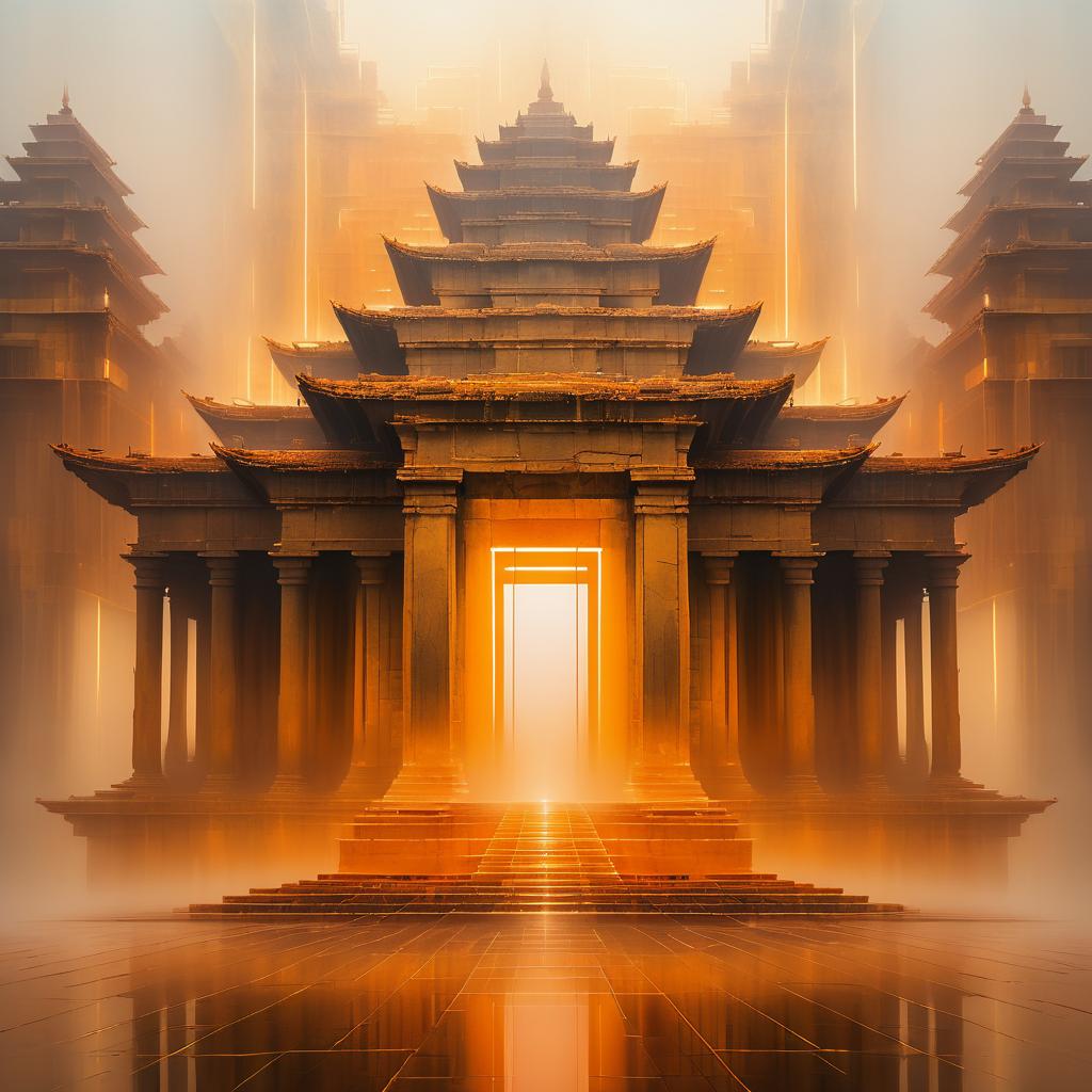 Misty Abstract Temple in Warm Tones