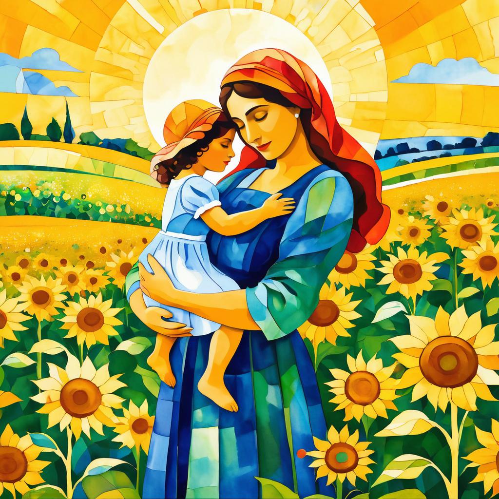 Mother and Child Embraced in Sunflowers