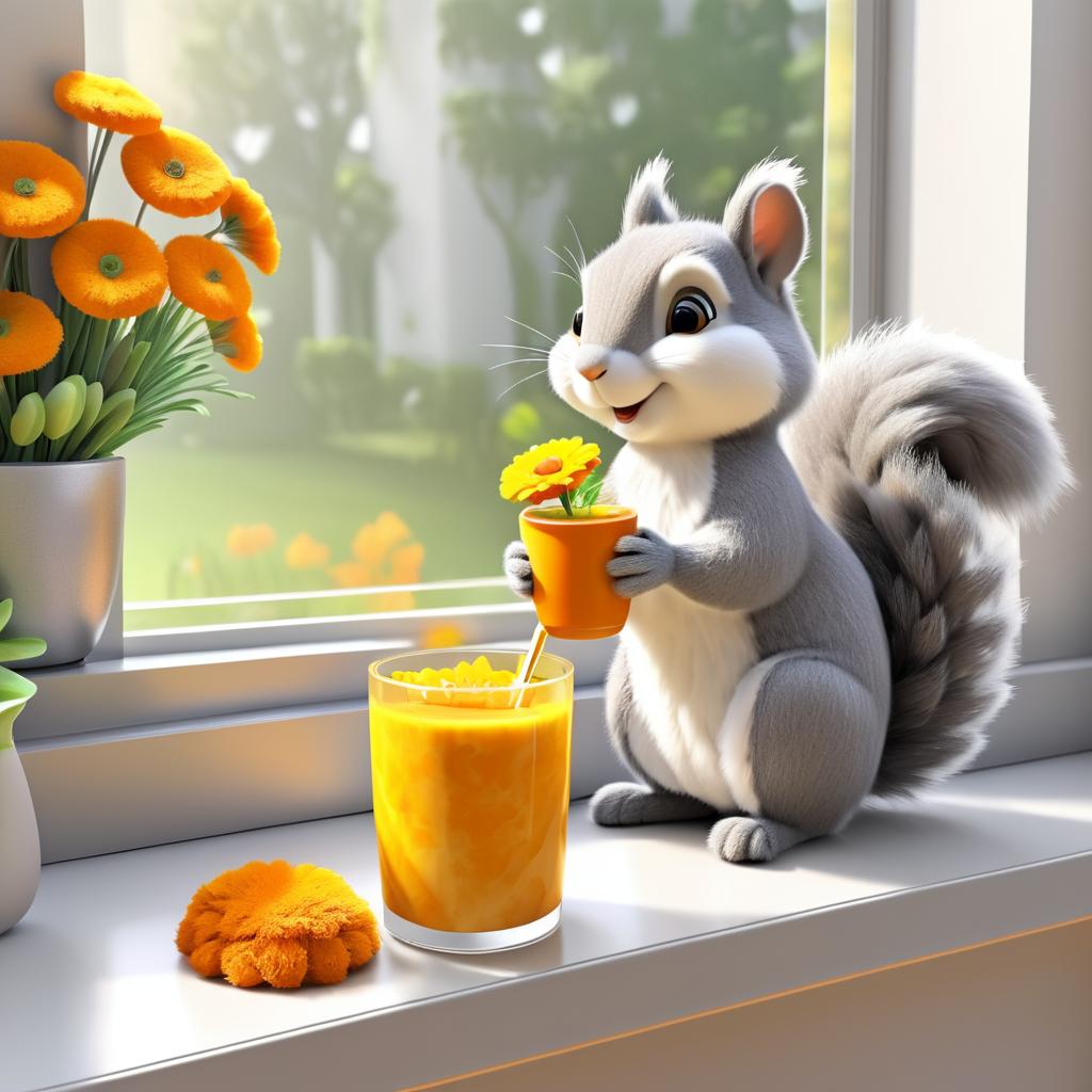 Whimsical Cartoon Squirrel Enjoying Smoothie