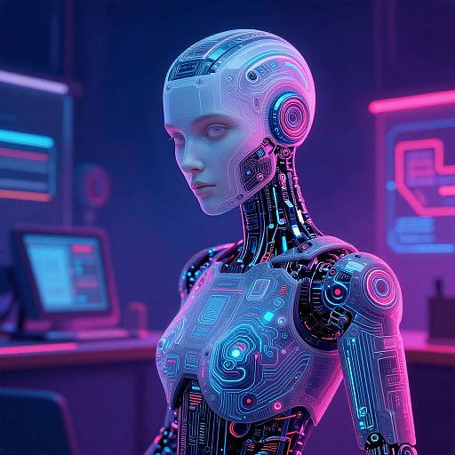 Photorealistic CGI of a neon-lit, cybernetic female robot with intricate circuitry patterns, glowing blue and pink, in a futuristic control