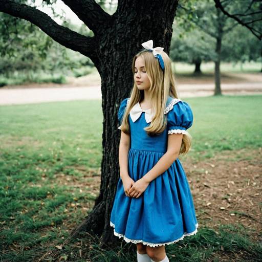 Young Girl in Blue Vintage Dress Outdoors