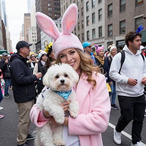Photograph of a smiling woman in a pink bunny hat and coat, holding a white fluffy dog, at a bustling city street parade.