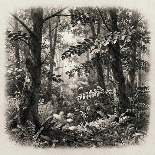 Charcoal Drawing of Temperate Forest Scene