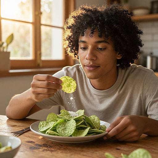 Photograph of a curly-haired black man with medium brown skin, wearing a gray t-shirt, eating salt and vinegar chips from a white plate on a
