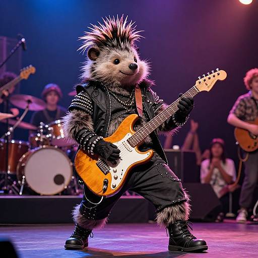 Photograph of a hedgehog in black leather punk outfit playing an electric guitar on stage, surrounded by band members and audience.