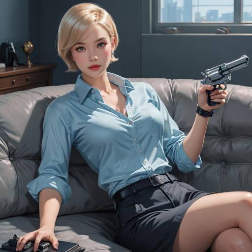 Blonde Woman with Revolver on Couch