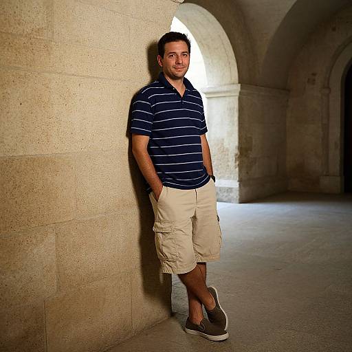 Photograph of a smiling man with short brown hair, wearing a navy blue striped polo and beige cargo shorts, leaning against a stone archway.