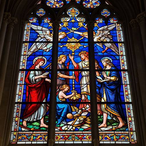 Vibrant stained glass window depicting angelic figures, including a kneeling woman and standing men in robes, against a blue sky with gold stars. Gothic